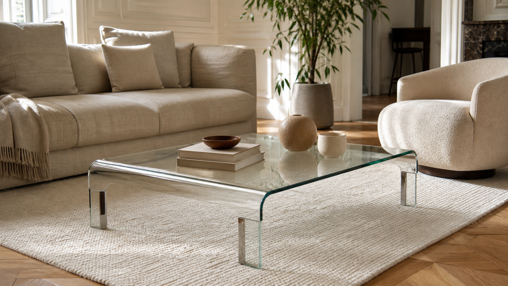 Table basse transparente en verre dans un salon contemporain lumineux aux tons beige et bois clair