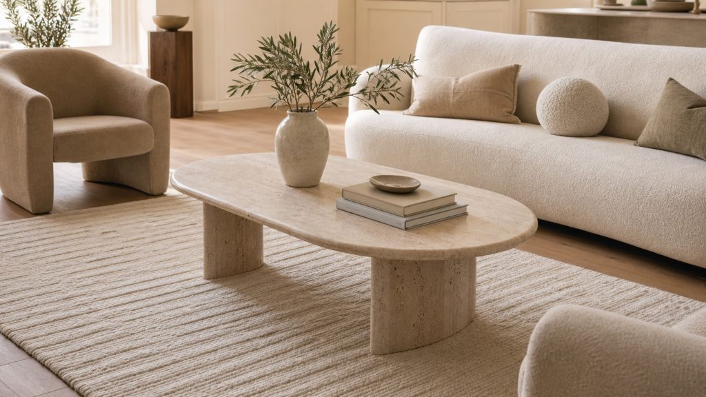 Table basse beige en travertin dans un salon contemporain aux tons naturels et lumineux