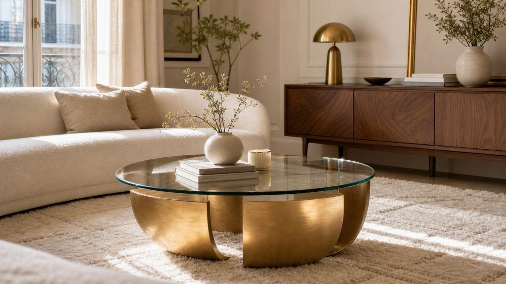 Table basse dorée ronde dans un salon contemporain lumineux aux tons crème et bois