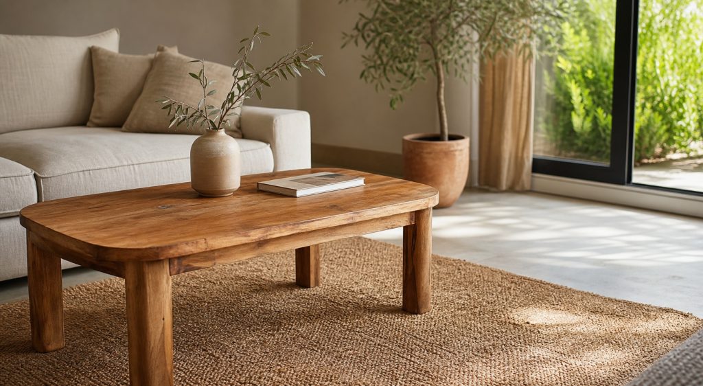 Table basse en manguier massif dans un salon contemporain lumineux, avec canapé en lin et décoration naturelle