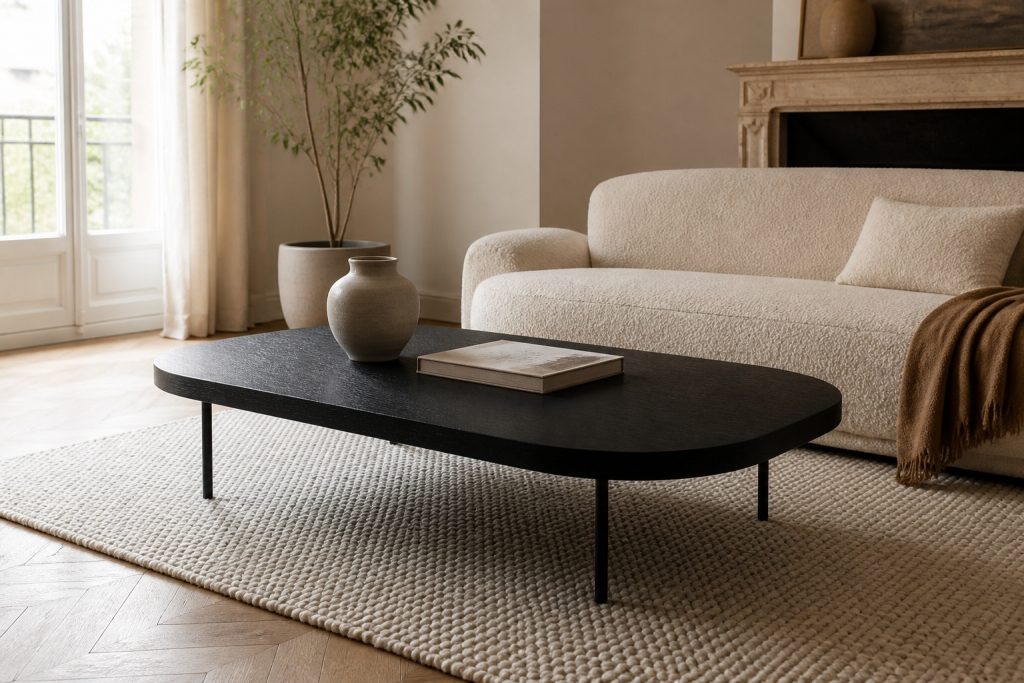 Table basse noire ovale en bois dans un salon contemporain lumineux avec canapé bouclé beige et tapis texturé.