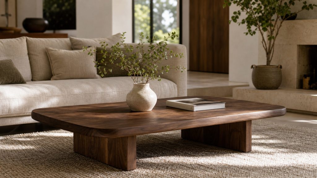 Table basse en noyer massif dans un salon contemporain lumineux aux tons naturels