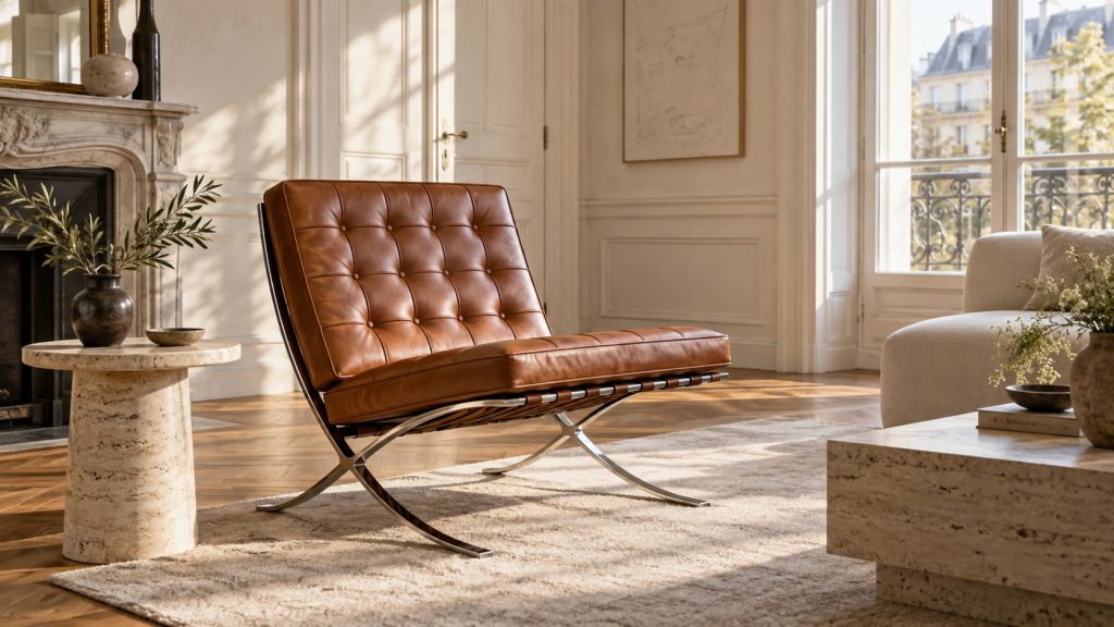 Chaise Barcelona en cuir cognac et piètement chromé dans un salon contemporain lumineux aux tons neutres