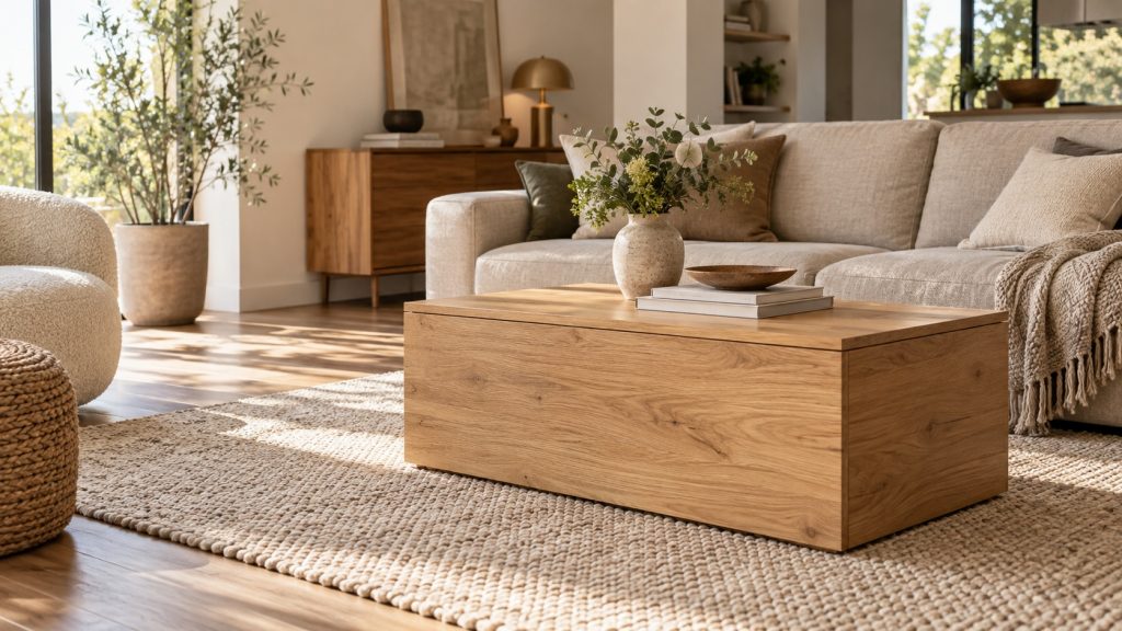 Coffre table basse en bois clair dans un salon contemporain chaleureux avec canapé beige et tapis écru