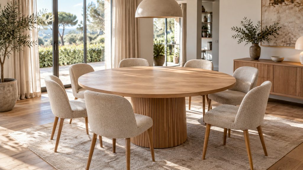 Grande table ronde en chêne clair de 150 cm entourée de sept chaises dans une salle à manger contemporaine lumineuse.