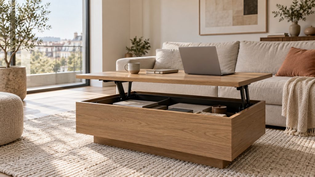 Table basse relevable en bois dans un salon contemporain, avec plateau relevé pour travailler ou prendre un repas.