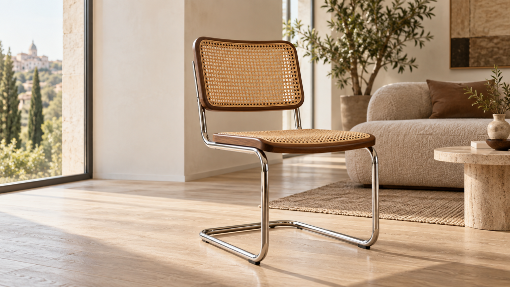 Chaise cantilever en acier tubulaire et cannage naturel, inspirée du style Marcel Breuer, dans un salon contemporain lumineux aux tons beige et bois clair.