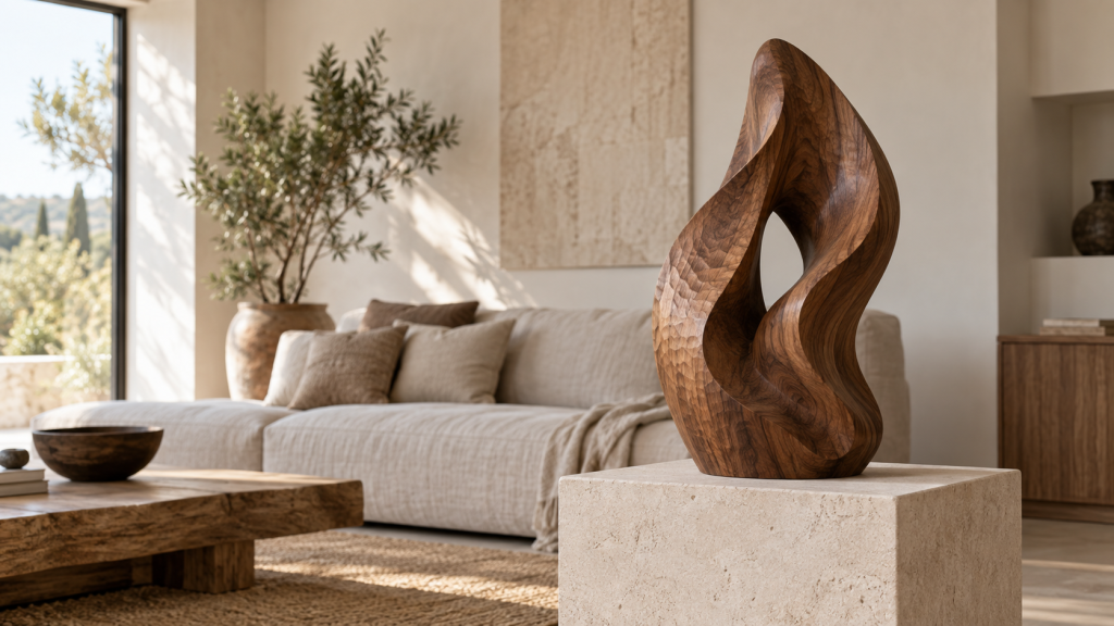 Sculpture en bois de noyer sculptée à la main, exposée dans un salon contemporain lumineux aux tons naturels.