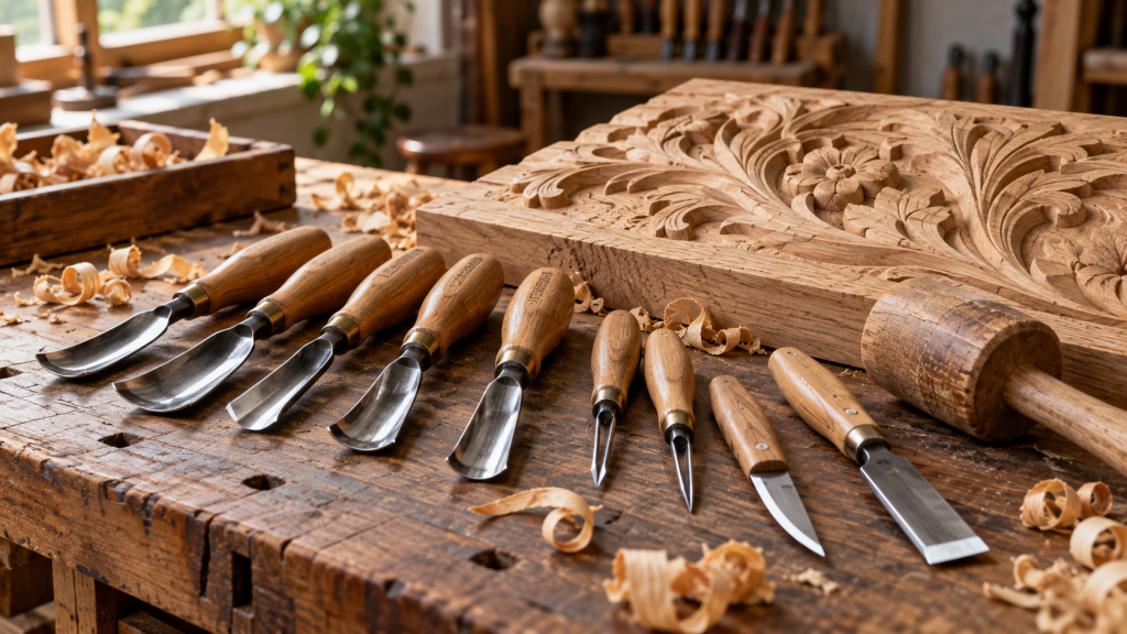 Outils de sculpture sur bois professionnels disposés sur un établi en noyer, avec gouges, ciseaux, maillet, copeaux et panneau de chêne sculpté dans un atelier lumineux.