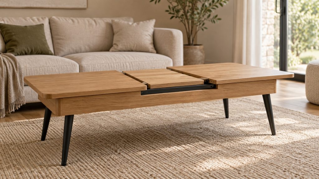 Table basse extensible en bois clair partiellement déployée dans un salon contemporain lumineux.