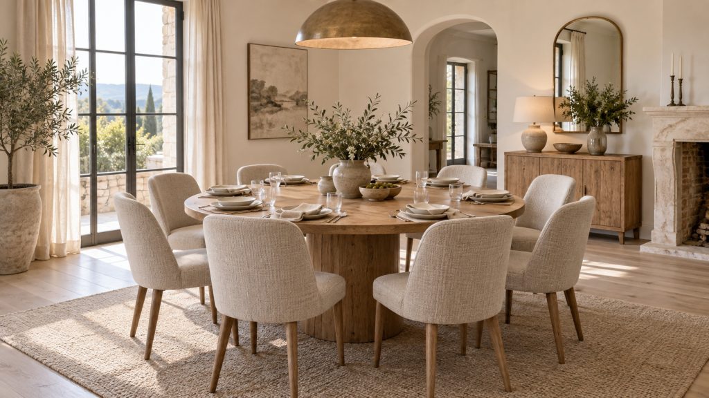 Grande table ronde en bois de 180 cm entourée de huit chaises dans une salle à manger contemporaine lumineuse