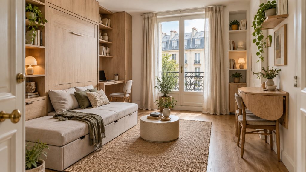 Studio lumineux et optimisé avec lit escamotable, rangements intégrés en bois clair, bureau mural et mobilier compact.